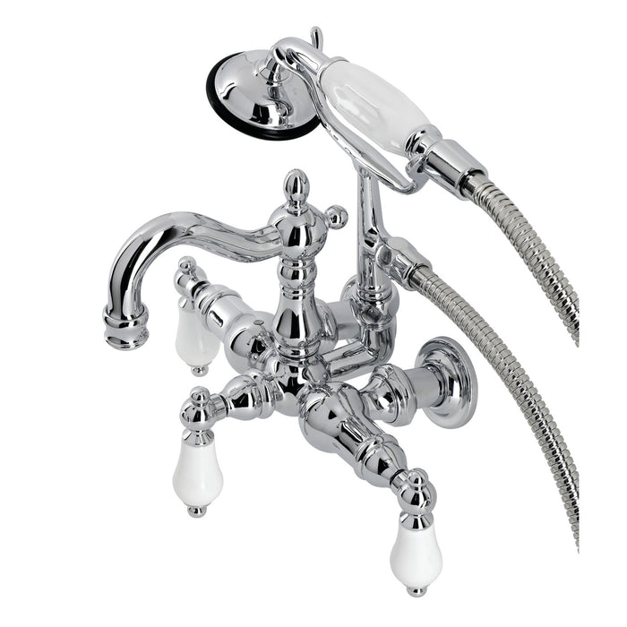 Kingston Heirloom CA1012T1 - Heritage Three-Handle 2-Hole Tub Wall Mount Clawfoot Tub Faucet with Hand Shower, Polished Chrome