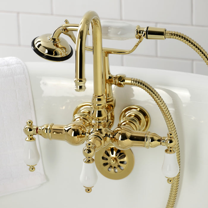 Kingston Heirloom CA11T2 - Vintage Three-Handle 2-Hole Tub Wall Mount Clawfoot Tub Faucet with Hand Shower, Polished Brass