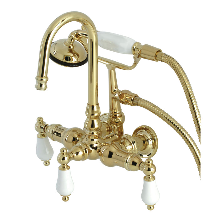 Kingston Heirloom CA11T2 - Vintage Three-Handle 2-Hole Tub Wall Mount Clawfoot Tub Faucet with Hand Shower, Polished Brass