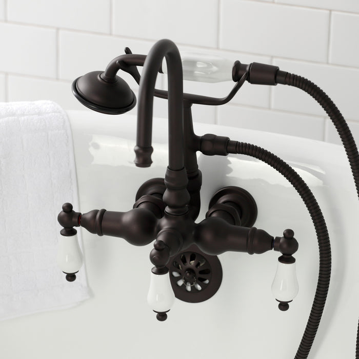Kingston Heirloom CA11T5 - Vintage Three-Handle 2-Hole Tub Wall Mount Clawfoot Tub Faucet with Hand Shower, Oil Rubbed Bronze