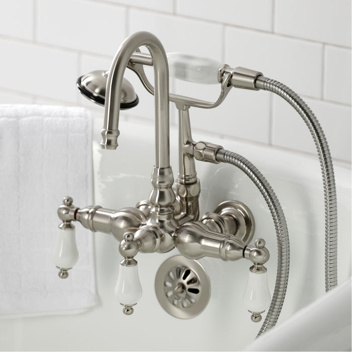 Kingston Heirloom CA11T8 - Vintage Three-Handle 2-Hole Tub Wall Mount Clawfoot Tub Faucet with Hand Shower, Brushed Nickel