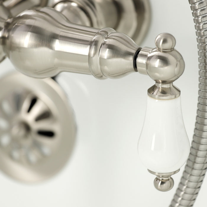 Kingston Heirloom CA11T8 - Vintage Three-Handle 2-Hole Tub Wall Mount Clawfoot Tub Faucet with Hand Shower, Brushed Nickel
