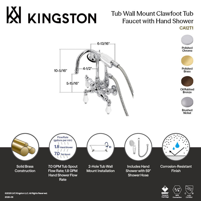 Kingston Heirloom CA12T1 - Vintage Three-Handle 2-Hole Tub Wall Mount Clawfoot Tub Faucet with Hand Shower, Polished Chrome