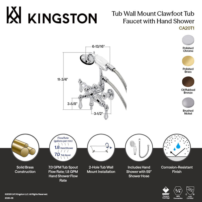 Kingston Heirloom CA19T5 - Vintage Three-Handle 2-Hole Tub Wall Mount Clawfoot Tub Faucet with Hand Shower, Oil Rubbed Bronze