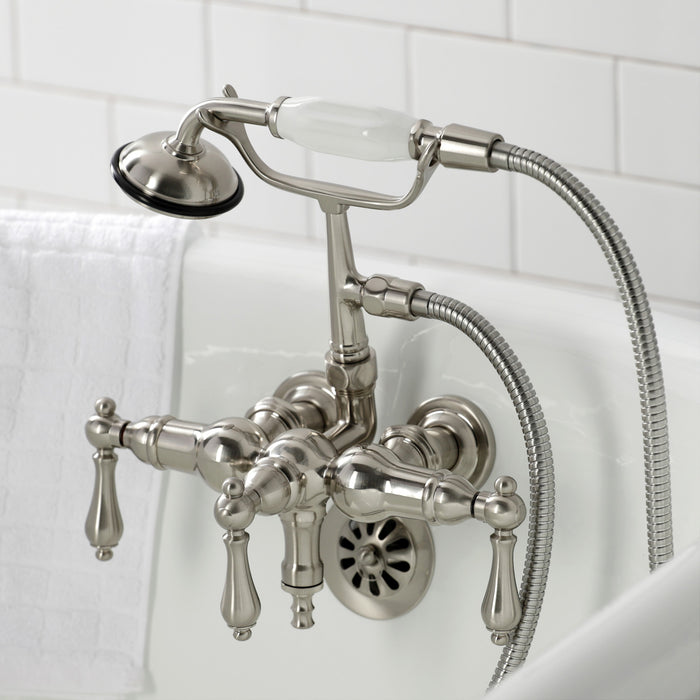Kingston Heirloom CA19T8 - Vintage Three-Handle 2-Hole Tub Wall Mount Clawfoot Tub Faucet with Hand Shower, Brushed Nickel