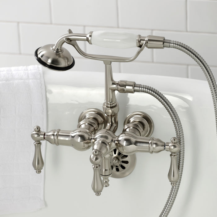 Kingston Heirloom CA19T8 - Vintage Three-Handle 2-Hole Tub Wall Mount Clawfoot Tub Faucet with Hand Shower, Brushed Nickel