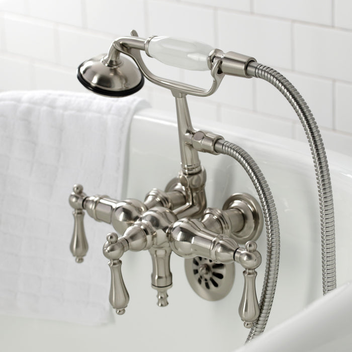 Kingston Heirloom CA19T8 - Vintage Three-Handle 2-Hole Tub Wall Mount Clawfoot Tub Faucet with Hand Shower, Brushed Nickel