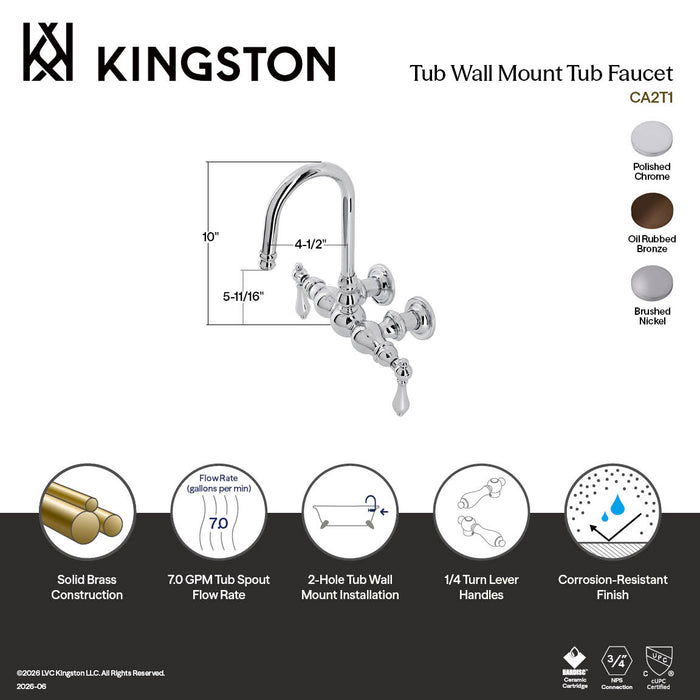 Kingston Heirloom CA1T8 - Vintage Two-Handle 2-Hole Tub Wall Mount Clawfoot Tub Faucet, Brushed Nickel