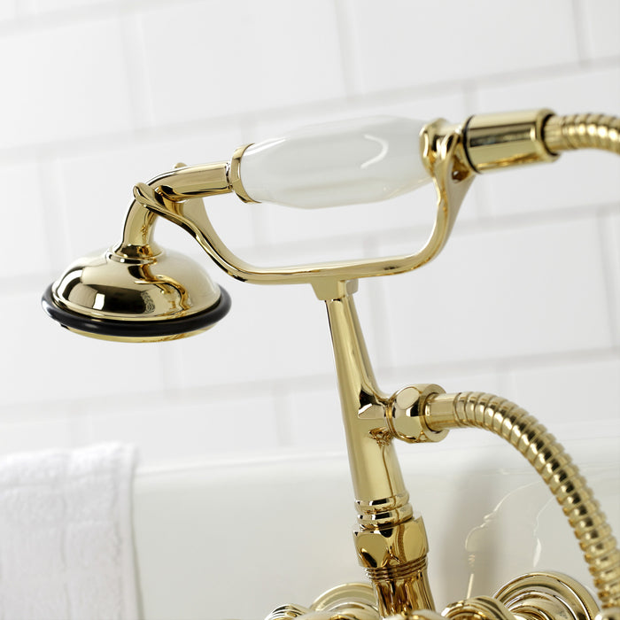 Kingston Heirloom CA21T2 - Vintage Three-Handle 2-Hole Tub Wall Mount Clawfoot Tub Faucet with Hand Shower, Polished Brass