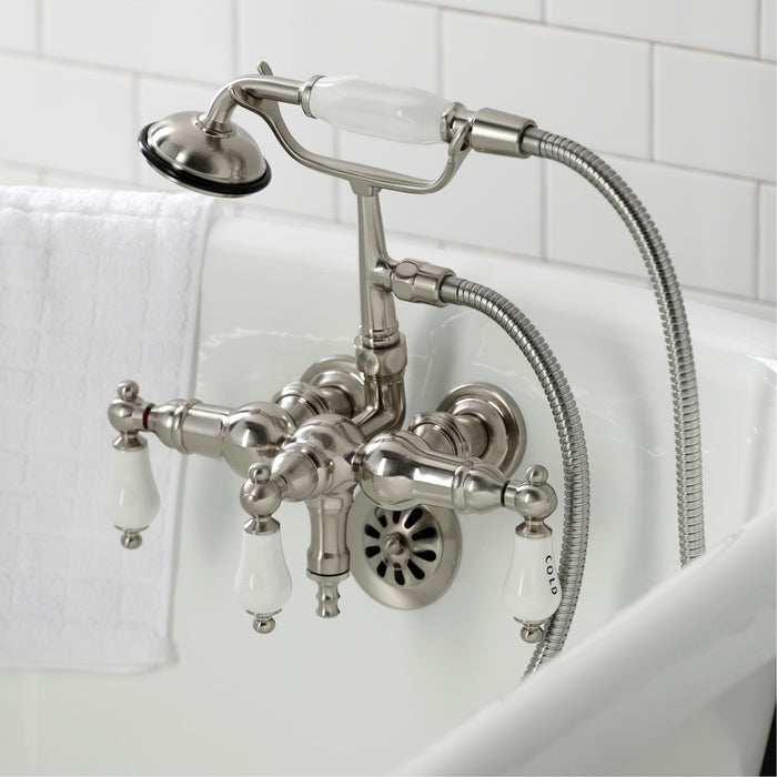Kingston Heirloom CA21T8 - Vintage Three-Handle 2-Hole Tub Wall Mount Clawfoot Tub Faucet with Hand Shower, Brushed Nickel