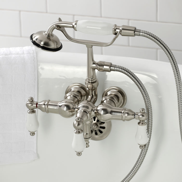 Kingston Heirloom CA21T8 - Vintage Three-Handle 2-Hole Tub Wall Mount Clawfoot Tub Faucet with Hand Shower, Brushed Nickel