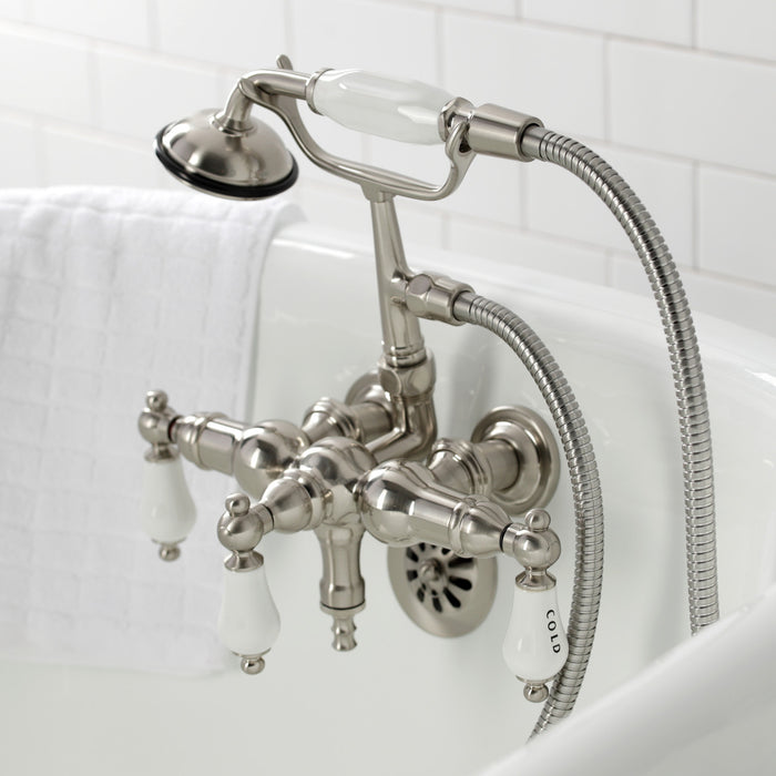 Kingston Heirloom CA21T8 - Vintage Three-Handle 2-Hole Tub Wall Mount Clawfoot Tub Faucet with Hand Shower, Brushed Nickel