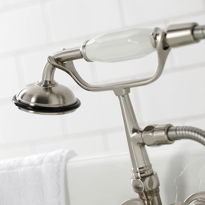 Kingston Heirloom CA21T8 - Vintage Three-Handle 2-Hole Tub Wall Mount Clawfoot Tub Faucet with Hand Shower, Brushed Nickel