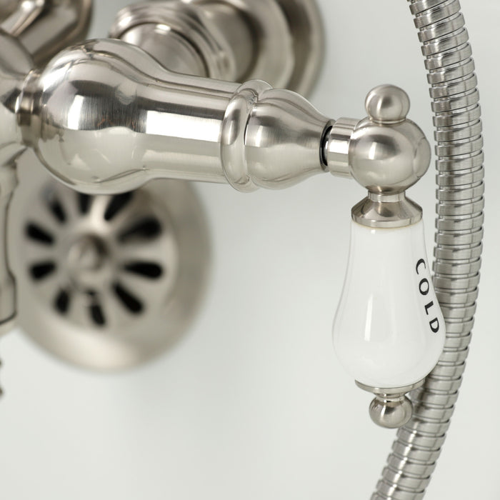 Kingston Heirloom CA21T8 - Vintage Three-Handle 2-Hole Tub Wall Mount Clawfoot Tub Faucet with Hand Shower, Brushed Nickel