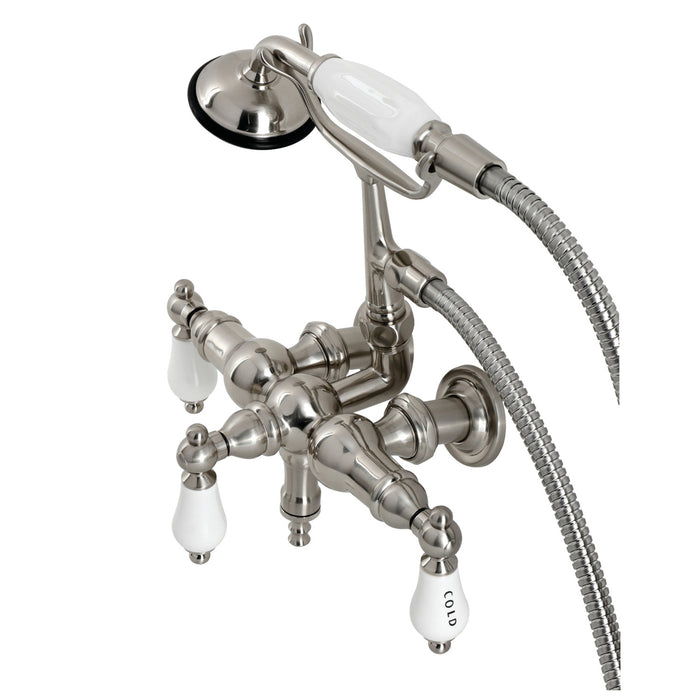 Kingston Heirloom CA21T8 - Vintage Three-Handle 2-Hole Tub Wall Mount Clawfoot Tub Faucet with Hand Shower, Brushed Nickel
