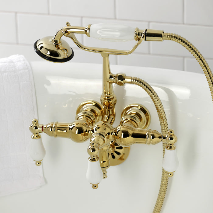 Kingston Heirloom CA23T2 - Vintage Three-Handle 2-Hole Tub Wall Mount Clawfoot Tub Faucet with Hand Shower, Polished Brass