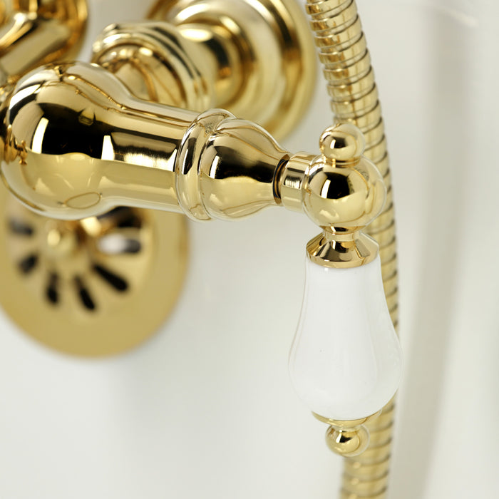 Kingston Heirloom CA23T2 - Vintage Three-Handle 2-Hole Tub Wall Mount Clawfoot Tub Faucet with Hand Shower, Polished Brass