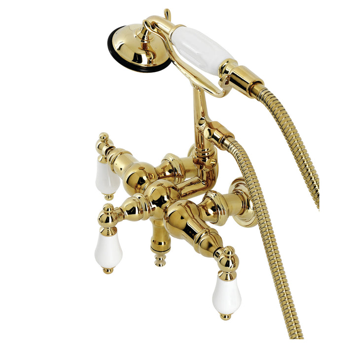 Kingston Heirloom CA23T2 - Vintage Three-Handle 2-Hole Tub Wall Mount Clawfoot Tub Faucet with Hand Shower, Polished Brass