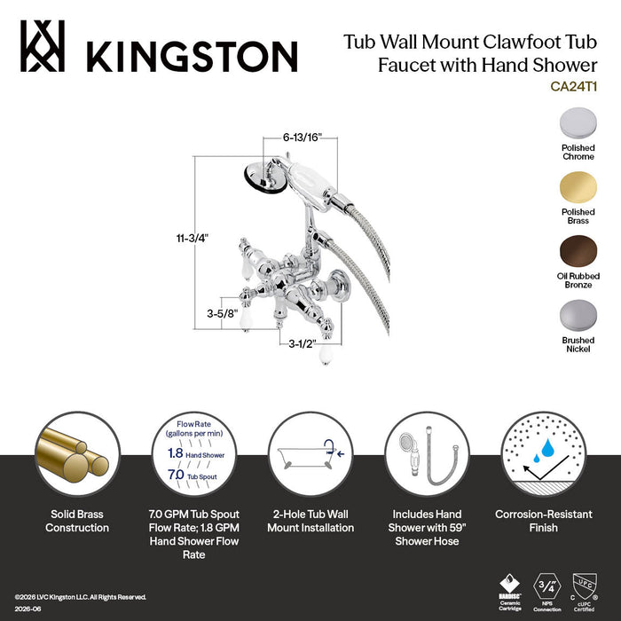 Kingston Heirloom CA23T5 - Vintage Three-Handle 2-Hole Tub Wall Mount Clawfoot Tub Faucet with Hand Shower, Oil Rubbed Bronze