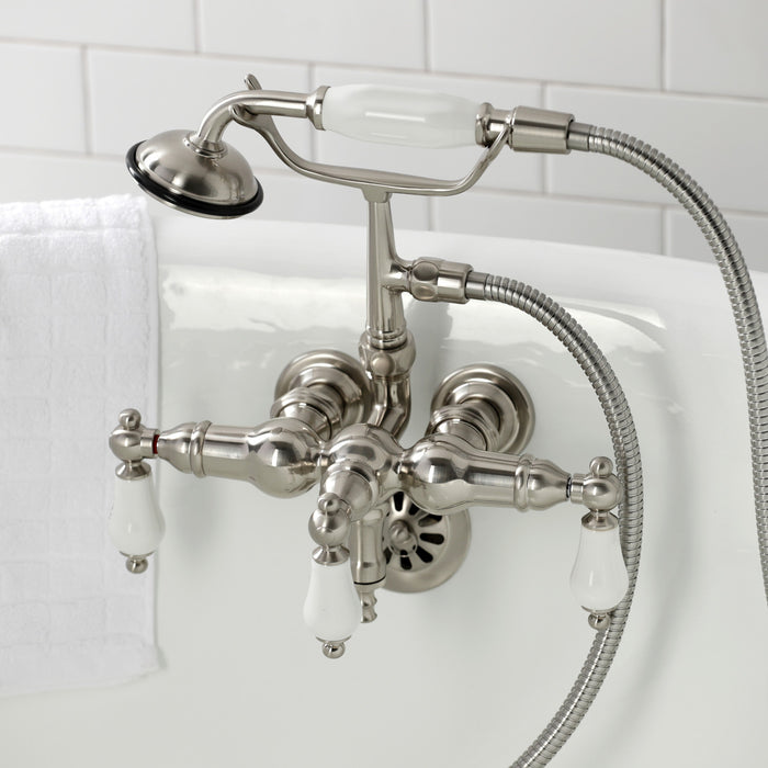 Kingston Heirloom CA23T8 - Vintage Three-Handle 2-Hole Tub Wall Mount Clawfoot Tub Faucet with Hand Shower, Brushed Nickel