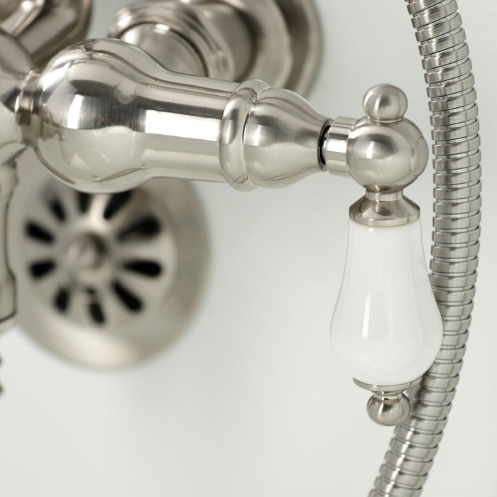 Kingston Heirloom CA23T8 - Vintage Three-Handle 2-Hole Tub Wall Mount Clawfoot Tub Faucet with Hand Shower, Brushed Nickel