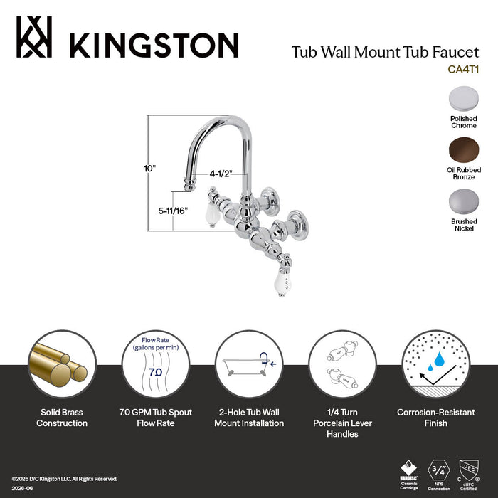 Kingston Heirloom CA4T1 - Vintage Two-Handle 2-Hole Tub Wall Mount Clawfoot Tub Faucet, Polished Chrome