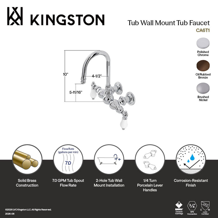Kingston Heirloom CA5T8 - Vintage Two-Handle 2-Hole Tub Wall Mount Clawfoot Tub Faucet, Brushed Nickel