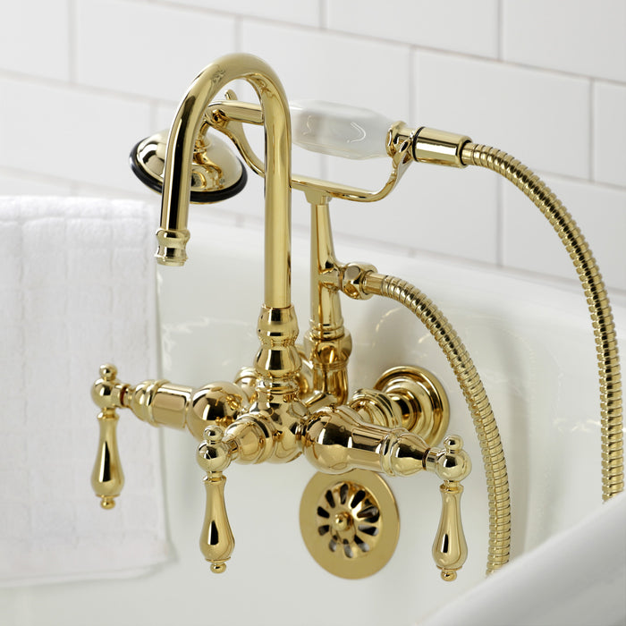 Kingston Heirloom CA7T2 - Vintage Three-Handle 2-Hole Tub Wall Mount Clawfoot Tub Faucet with Hand Shower, Polished Brass