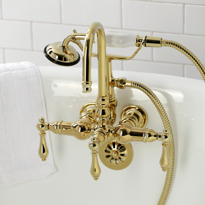 Kingston Heirloom CA7T2 - Vintage Three-Handle 2-Hole Tub Wall Mount Clawfoot Tub Faucet with Hand Shower, Polished Brass