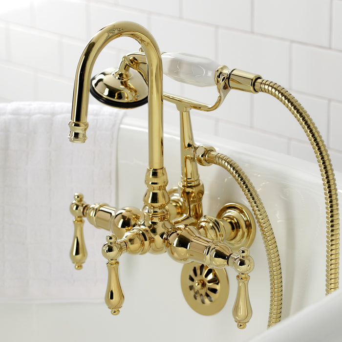 Kingston Heirloom CA7T2 - Vintage Three-Handle 2-Hole Tub Wall Mount Clawfoot Tub Faucet with Hand Shower, Polished Brass