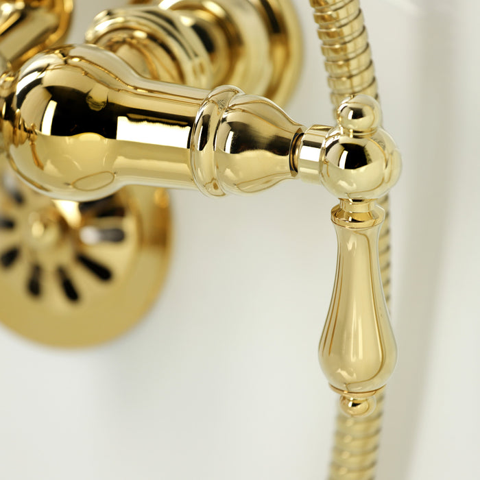 Kingston Heirloom CA7T2 - Vintage Three-Handle 2-Hole Tub Wall Mount Clawfoot Tub Faucet with Hand Shower, Polished Brass