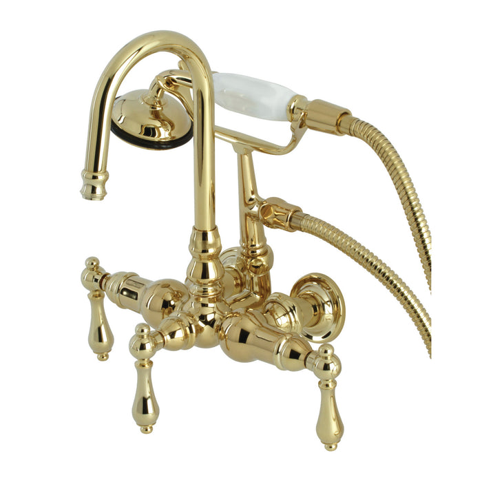 Kingston Heirloom CA7T2 - Vintage Three-Handle 2-Hole Tub Wall Mount Clawfoot Tub Faucet with Hand Shower, Polished Brass