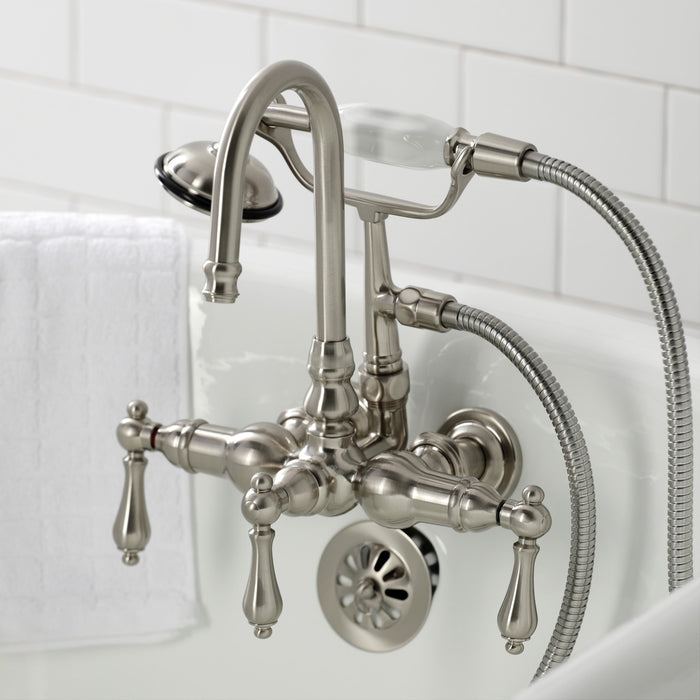 Kingston Heirloom CA7T8 - Vintage Three-Handle 2-Hole Tub Wall Mount Clawfoot Tub Faucet with Hand Shower, Brushed Nickel