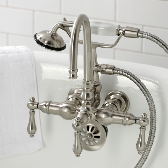 Kingston Heirloom CA7T8 - Vintage Three-Handle 2-Hole Tub Wall Mount Clawfoot Tub Faucet with Hand Shower, Brushed Nickel