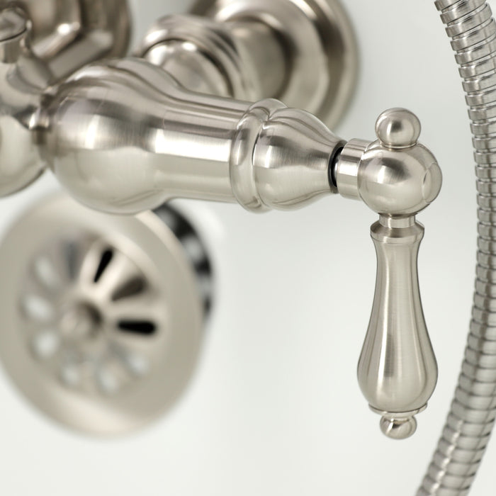 Kingston Heirloom CA7T8 - Vintage Three-Handle 2-Hole Tub Wall Mount Clawfoot Tub Faucet with Hand Shower, Brushed Nickel