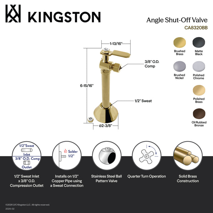 Kingston Sona CA8320BB - Whitaker 1/2-Inch Sweat x 3/8-Inch O.D. Comp Angle Shut-Off Valve with 5-Inch Extension, Brushed Brass