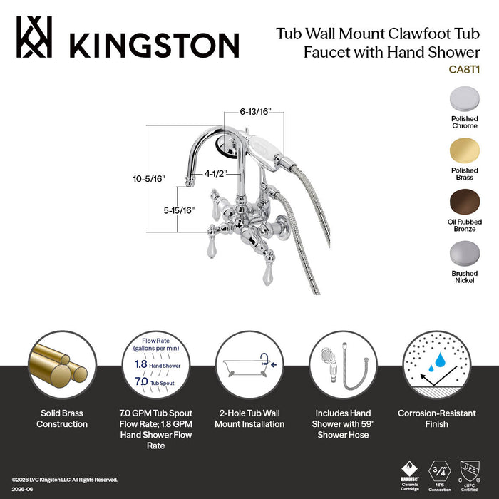 Kingston Heirloom CA8T1 - Vintage Three-Handle 2-Hole Tub Wall Mount Clawfoot Tub Faucet with Hand Shower, Polished Chrome