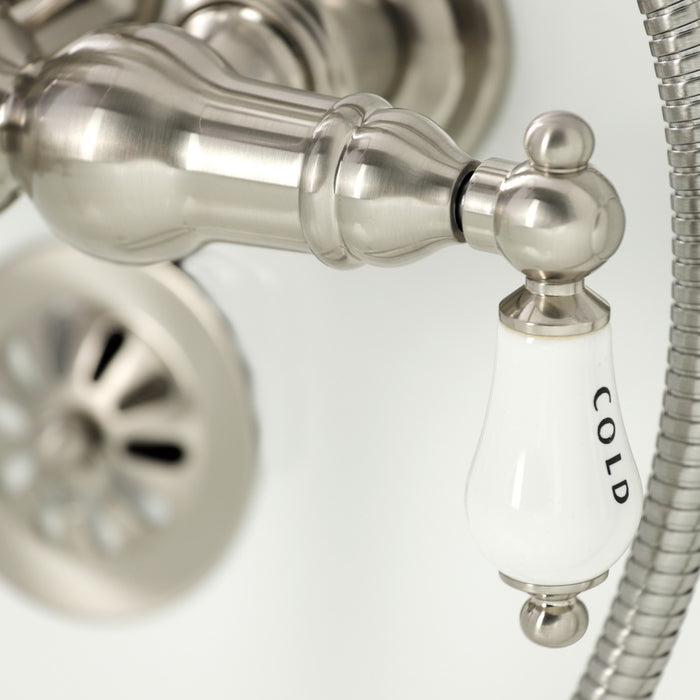 Kingston Heirloom CA9T8 - Vintage Three-Handle 2-Hole Tub Wall Mount Clawfoot Tub Faucet with Hand Shower, Brushed Nickel
