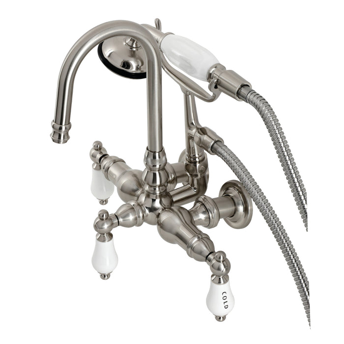 Kingston Heirloom CA9T8 - Vintage Three-Handle 2-Hole Tub Wall Mount Clawfoot Tub Faucet with Hand Shower, Brushed Nickel