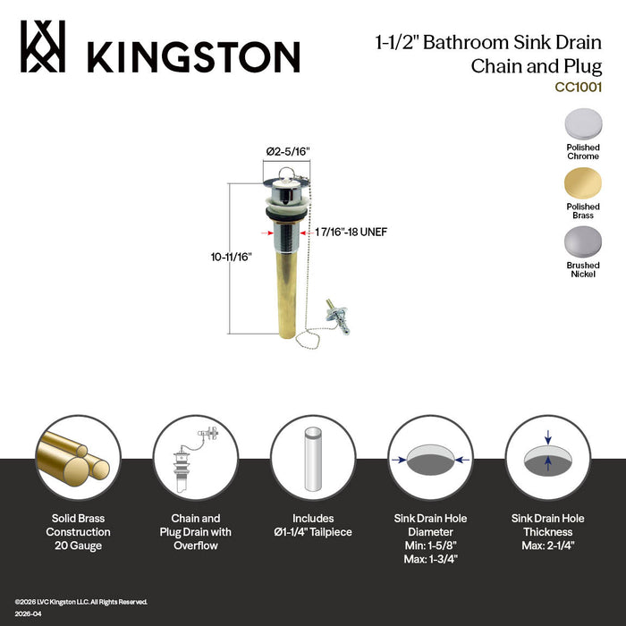 Kingston Heirloom CC1001 - Vintage Brass Chain and Plug Bathroom Sink Drain with Overflow, 20 Gauge, Polished Chrome