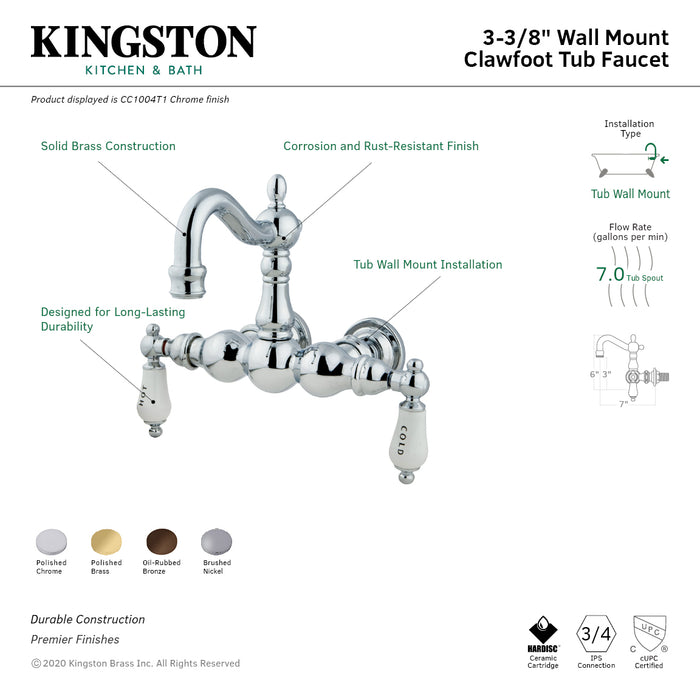 Kingston Heirloom CC1003T8 - Vintage Two-Handle 2-Hole Tub Wall Mount Clawfoot Tub Faucet, Brushed Nickel