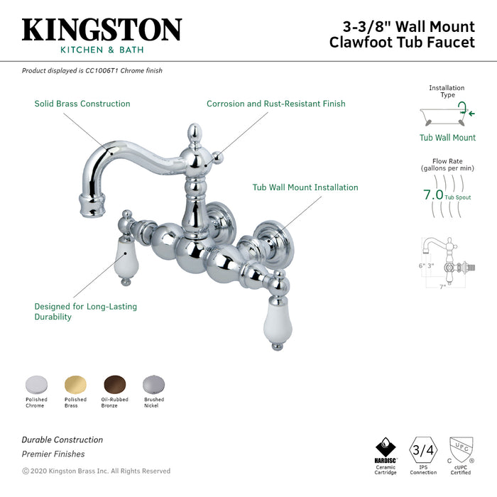Kingston Heirloom CC1005T2 - Vintage Two-Handle 2-Hole Tub Wall Mount Clawfoot Tub Faucet, Polished Brass