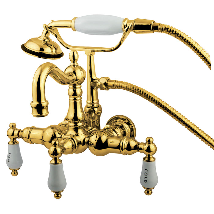 Kingston Heirloom CC1009T2 - Vintage Three-Handle 2-Hole Tub Wall Mount Clawfoot Tub Faucet with Hand Shower, Polished Brass
