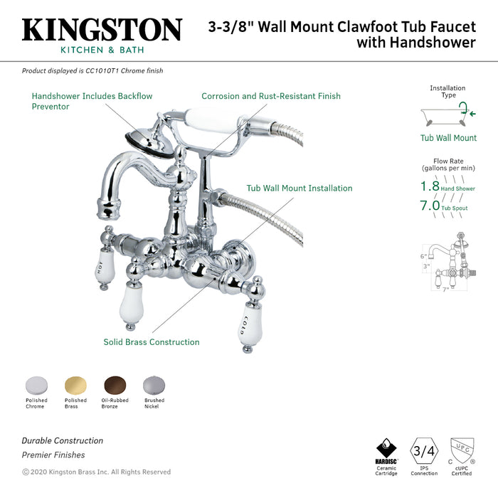 Kingston Heirloom CC1009T5 - Vintage Three-Handle 2-Hole Tub Wall Mount Clawfoot Tub Faucet with Hand Shower, Oil Rubbed Bronze