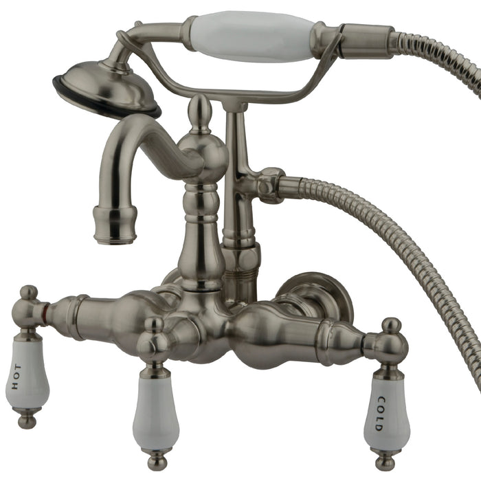 Kingston Heirloom CC1009T8 - Vintage Three-Handle 2-Hole Tub Wall Mount Clawfoot Tub Faucet with Hand Shower, Brushed Nickel