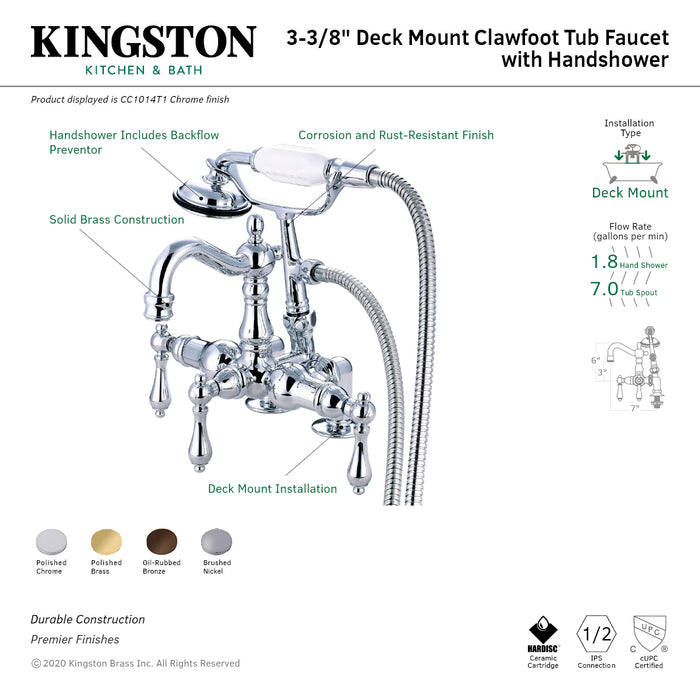 Kingston Heirloom CC1013T2 - Vintage Three-Handle 2-Hole Deck-Mount Clawfoot Tub Faucet with Hand Shower, Polished Brass