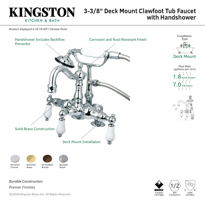 Kingston Heirloom CC1015T5 - Vintage Three-Handle 2-Hole Deck-Mount Clawfoot Tub Faucet with Hand Shower, Oil Rubbed Bronze