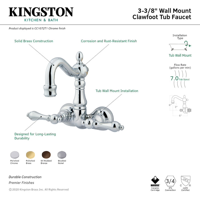Kingston Heirloom CC1071T2 - Vintage Two-Handle 2-Hole Tub Wall Mount Clawfoot Tub Faucet, Polished Brass