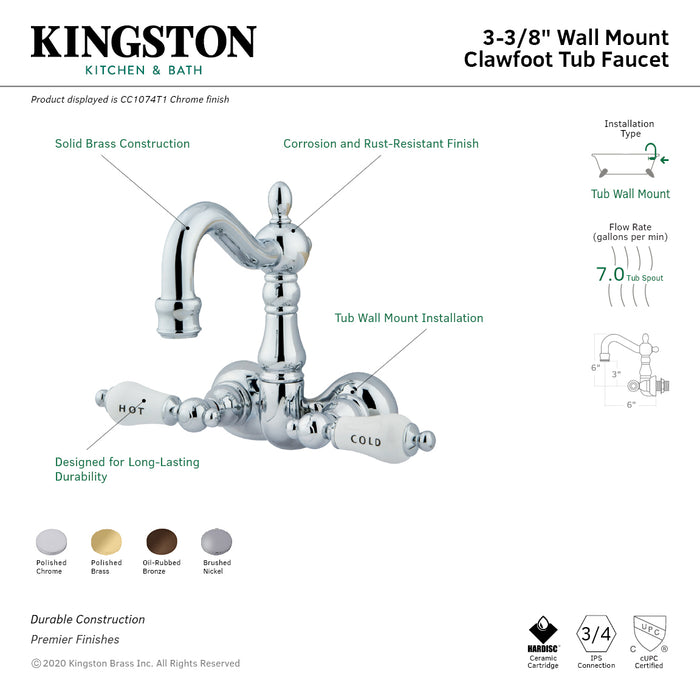Kingston Heirloom CC1073T8 - Vintage Two-Handle 2-Hole Tub Wall Mount Clawfoot Tub Faucet, Brushed Nickel
