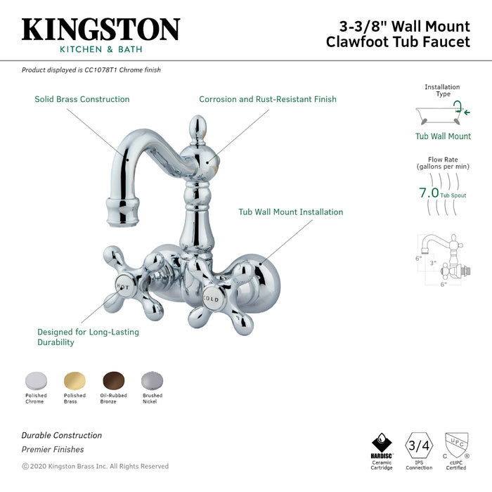 Kingston Heirloom CC1077T2 - Vintage Two-Handle 2-Hole Tub Wall Mount Clawfoot Tub Faucet, Polished Brass